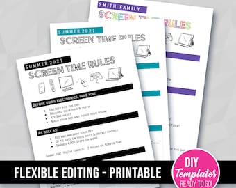 Electronics Screen Time Rules List, Kids Family Daily Checklist, Summer at Home, After School, Printable Sign, EDITABLE