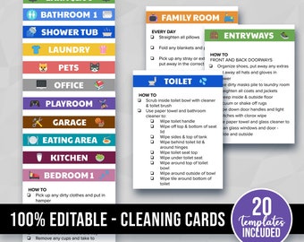 Family Cleaning Cards Editable, Printable, Chore Checklist for Kids, Weekly Responsibility List, House Zones Bathroom Bedroom Instructions
