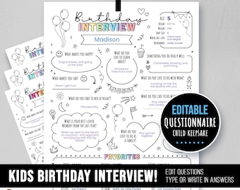 Editable Kids Birthday Interview, Yearly Questions Keepsake, Customize, Yearly Memory Diary, Doodles Modern, About Me Journal, Printable