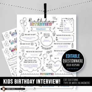 Editable Kids Birthday Interview, Yearly Questions Keepsake, Customize, Yearly Memory Diary, Doodles Modern, About Me Journal, Printable