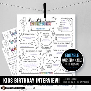 Entrevista de cumpleaños para niños editable, recuerdo de preguntas anuales, personalizar, diario de memoria anual, garabatos modernos, diario sobre mí, imprimible