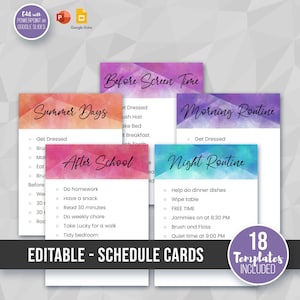 Tarjetas de horario de rutina editables, lista de verificación para niños o familia, planificador diario, verano o escuela, hora de acostarse, fin de semana, tareas, imprimibles