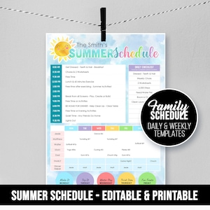 Family SUMMER Schedule, Kids To-Do List, Daily & Weekly Colorful Chore Chart, Earning Screen Time, Planner Printable, Download, Edit