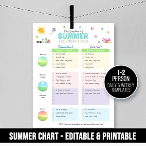 1-2 Person Daily SUMMER Responsibilities Checklists for Kids, To Do List, Schedule Chores & Activities, Planner Printable, Template, Edit