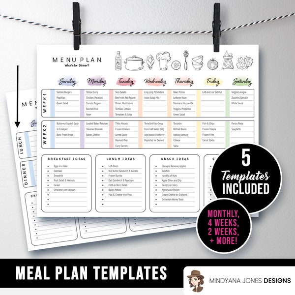 1-2 Week Family Meal Plan Templates, Weekly Dinner Menu Planner, Breakfast Lunch, Watercolor Modern Doodle, PPTX Download Editable Print