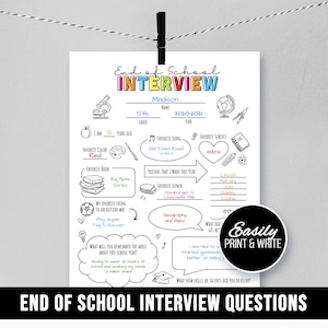 Entrevista de fin de escuela para niños, comienzo del verano, preguntas, maestro, último día, recuerdo de la hoja del estudiante de revisión del año, diario sobre mí, imprimible