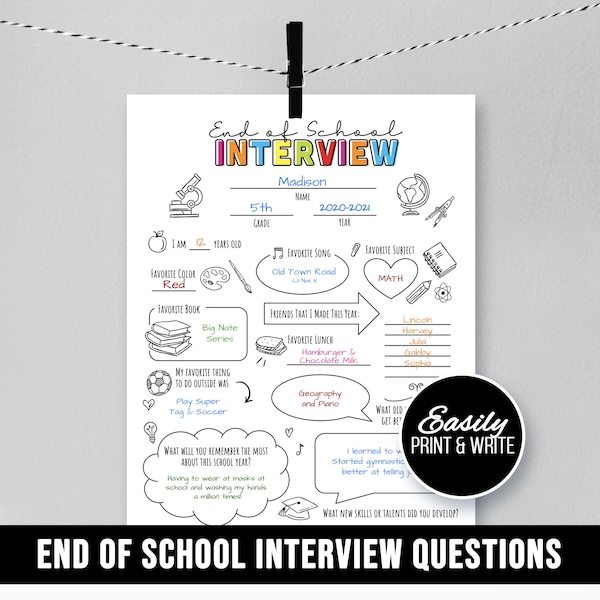 End of School Kids Interview, Begin Summer, Questions, Teacher, Last Day, Year in Review Student Sheet Keepsake, About Me Journal, Printable