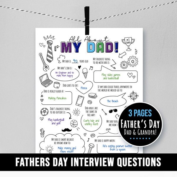 Alles over mijn vader, papa of opa Vragen, Vaderdag Kids Interview Gift, Aandenken, Vul blanco vel PDF JPG in, Download, Afdrukbaar