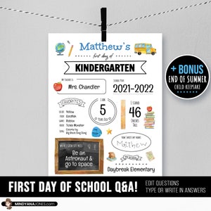 Editable First Day of School Interview, Questions Keepsake, Back to School Photo, End of Summer, About Me, 8x10 Sign, Printable