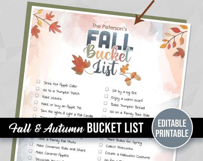Fall Break Checklist EDITABLE Fall Bucket List, Printable Kids Family Checklist of Autumn ...