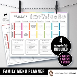 Printable Monthly Weekly Family Menu Planners, 1 2 4 Week Meal Schedule, Breakfast Lunch Dinner, Bright Happy Modern, PPTX Download Editable
