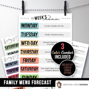 Wydrukuj menu rodzinne, tygodniowa lista posiłków, prognoza pogody w lodówce, co na obiad, śniadanie, lunch, 3 kolory, odważny nowoczesny, PPTX do pobrania edytowalny