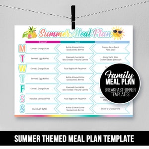 Modèle de plan de repas familial d'été, planificateur de menus, petit déjeuner déjeuner dîner, prévision de réfrigérateur soleil ananas, imprimable, modifiable, PPTX