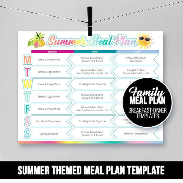 Summer Family Meal Plan Template, Menu Planner, Breakfast Lunch Dinner, Sun Pineapple Fridge Forecast, Printable, Editable, PPTX