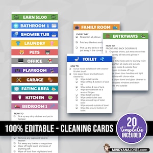 Family Cleaning Cards Editable, Printable, Chore Checklist for Kids, Weekly Responsibility List, House Zones Bathroom Bedroom Instructions