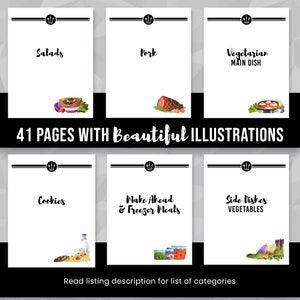 Conjunto de divisores de fichário de receitas para impressão, ótimo para fichários de 3 argolas, páginas 8,5 x 11, guias de categorias de receitas de alimentos ilustradas, livro DIY, instantâneo
