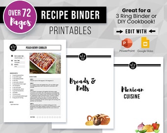 Recipe Binder Template & Dividers Printable, Family Cookbook Set, 8.5x11 Pages, Book Cover, Food Categories, Editable PPTX, PDF, Download