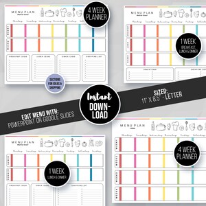 Printable Monthly Weekly Family Menu Planners, 1 2 4 Week Meal Schedule ...