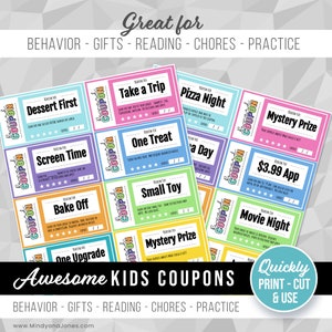 Kids Reward Coupon Cards, Printable Gifts for the Family, Motivational Fun, Reading Behavior Tasks Chores Cleaning School, EDITABLE Download