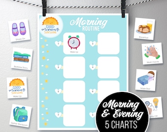 5 tableaux de routine imprimables pour les enfants de 3 à 7 ans, coucher du matin et du soir, maternelle quotidienne préscolaire, tableau de cartes, calendrier visuel