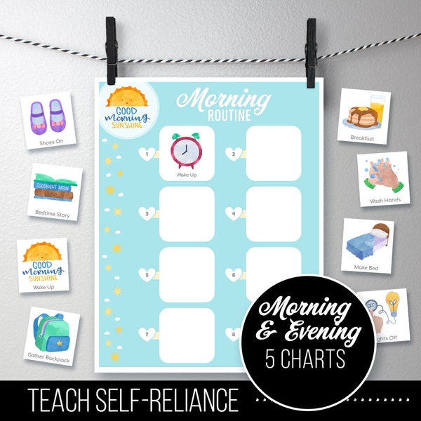 5 Printable Routine Charts for ages 3-7 years, Morning & Nighttime Bedtime, Daily Preschool Kindergarten, Card Chart, Visual Schedule