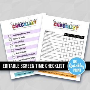 2 Screen Time Checklists, After School Routine or Summer List, Printable Editable, Daily Electronics, Multi Rainbow Colorful, PPTX & PDF