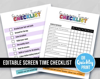 2 Screen Time Checklists, After School Routine or Summer List, Printable Editable, Daily Electronics, Multi Rainbow Colorful, PPTX & PDF