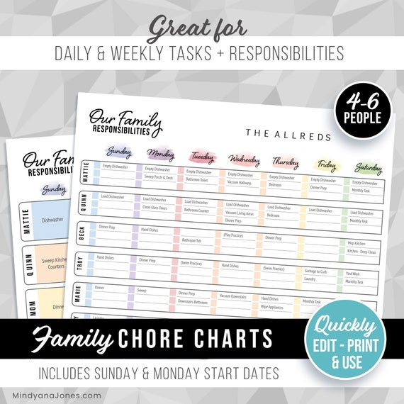 Create a Family Chore Chart! 4-6 People Responsibility Printable, Weekly Kids Cleaning Schedule Checklist Template, Multiple Children, Edit