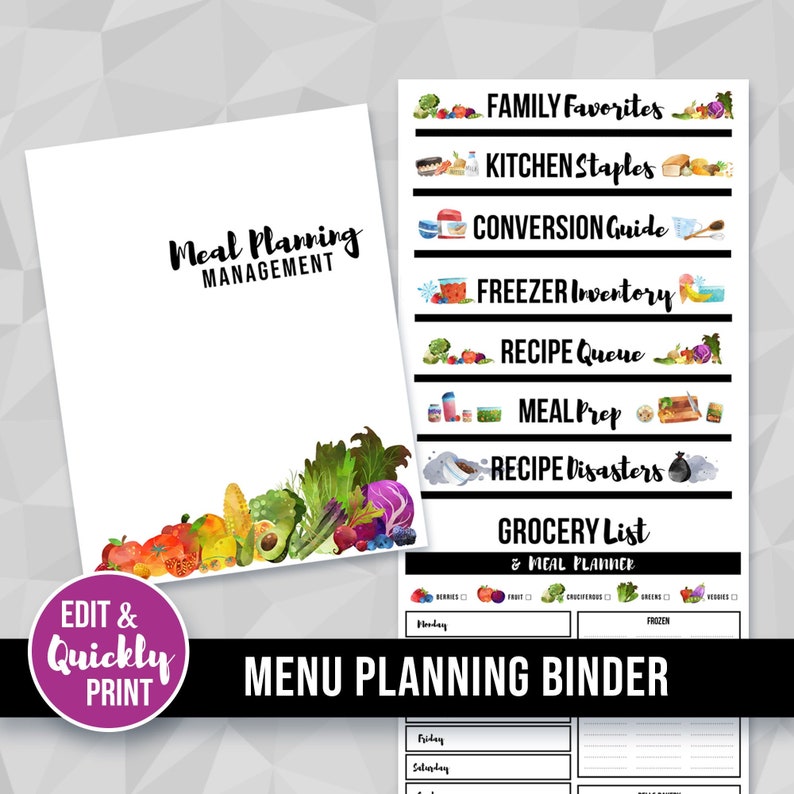 Menu &amp; Kitchen Planning Binder Printable Recipe Meal Planner | Etsy