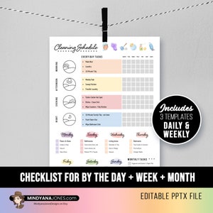 Editable Daily & Weekly Cleaning Schedule, Checklist Planner, Home House List Chore, Helps ADHD, 3 Templates, Watercolor, Printable PPTX PDF