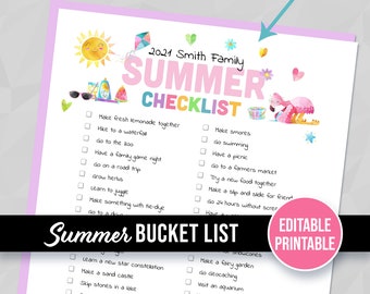 Summer Bucket List, Kids Family Checklist, Personalize Printable Art, Home House Outdoor Activities, Bored, Fun, Games Crafts, EDITABLE