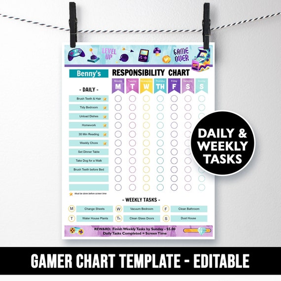 Editable Gamer Chore Chart Kids Weekly & Daily Tasks - Etsy