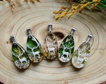 Resin Deer Necklace: Handmade Forest Jewelry with Moss & Butterfly