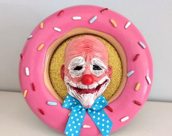 Creepy clown art sculpture - Quirky small weird gift, unusual gift, art sculpture, shelf decor, donut art