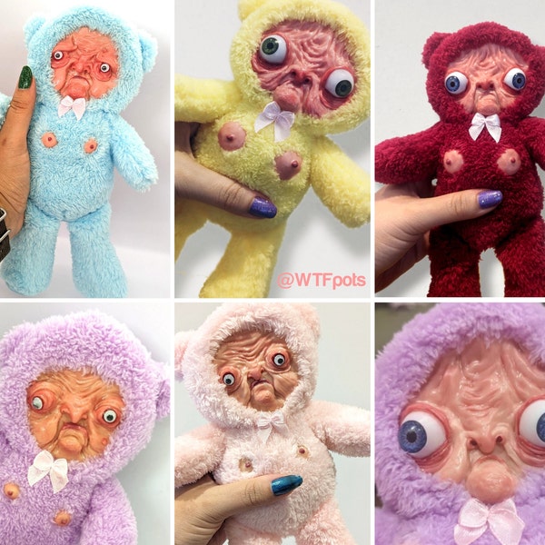 Old man bear art sculpture teddy, weird plush toy sculpture, creepy bear, weird teddy gift, weirdcore gift, nightmare fuel plush teddy