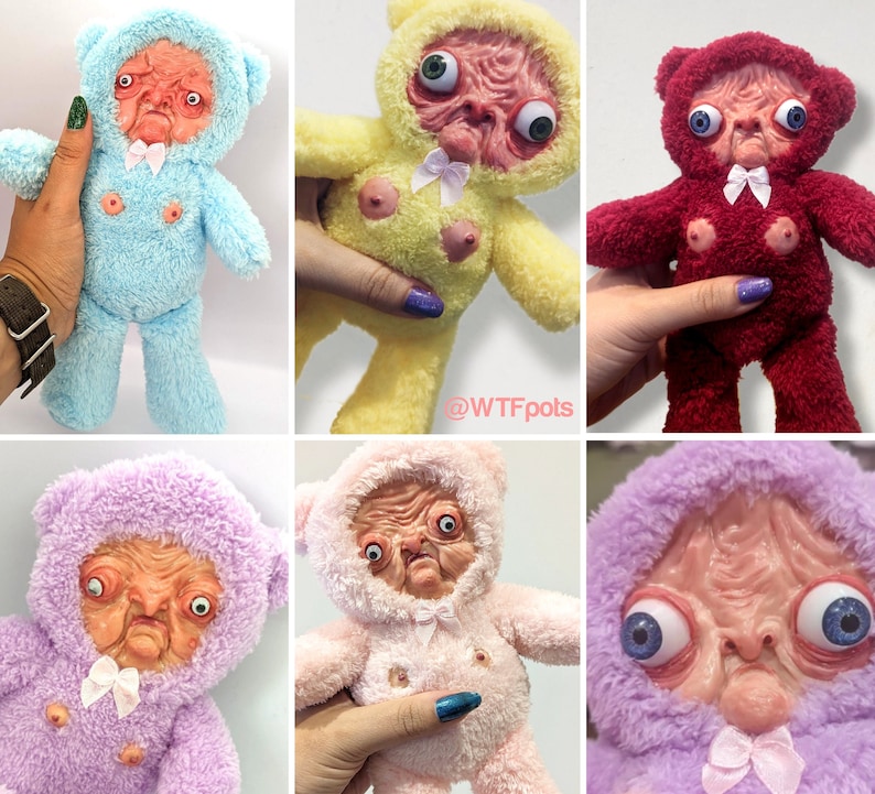 Old man bear art sculpture teddy, weird plush toy sculpture, creepy bear, weird teddy gift, weirdcore gift, nightmare fuel plush teddy image 1