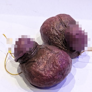 Könnte beinhalten: Zwei braune, strukturierte, runde Ornamente mit einer goldenen Schnur, die an jedem befestigt ist. Die Ornamente haben eine runzelige, unebene Oberfläche.