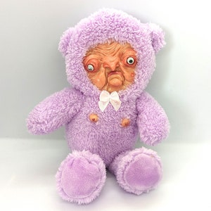 Old man bear art sculpture teddy, weird plush toy sculpture, creepy bear, weird teddy gift, weirdcore gift, nightmare fuel plush teddy Purple