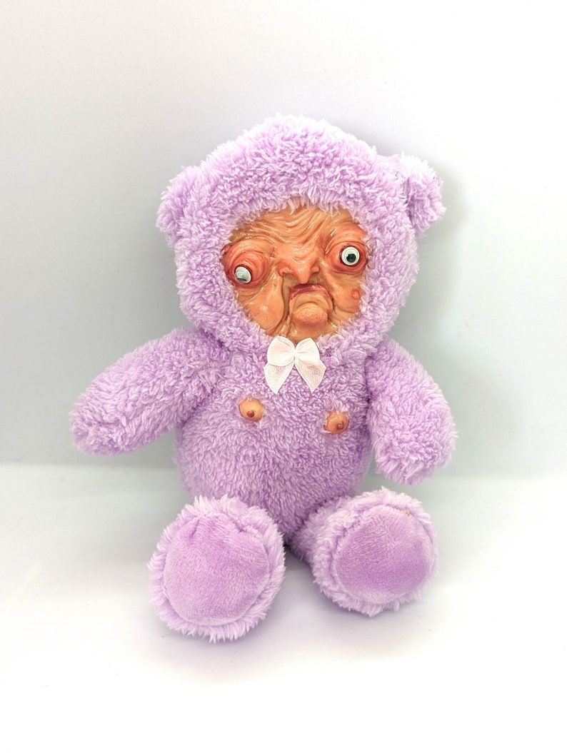 Old man bear art sculpture teddy, weird plush toy sculpture, creepy bear, weird teddy gift, weirdcore gift, nightmare fuel plush teddy Purple