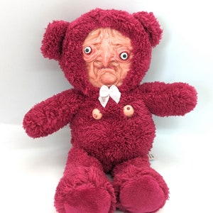 Old man bear art sculpture teddy, weird plush toy sculpture, creepy bear, weird teddy gift, weirdcore gift, nightmare fuel plush teddy Red