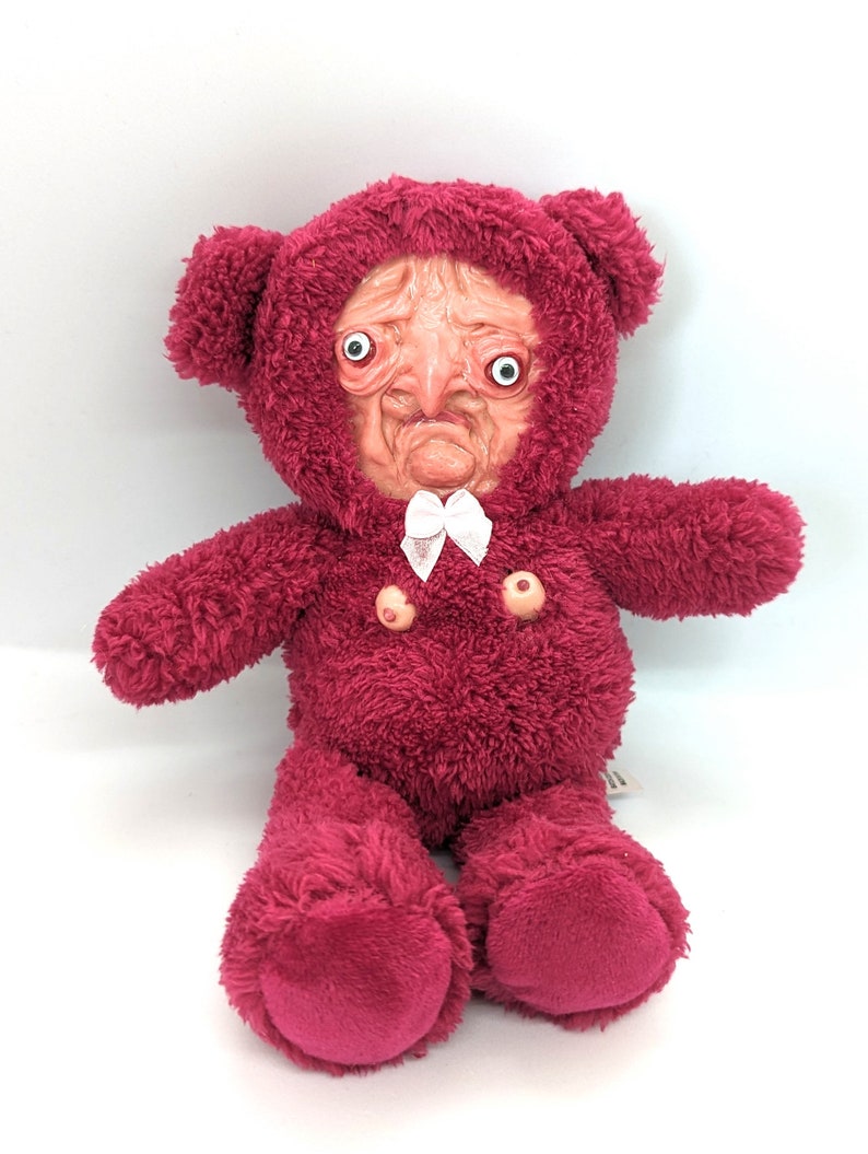 Old man bear art sculpture teddy, weird plush toy sculpture, creepy bear, weird teddy gift, weirdcore gift, nightmare fuel plush teddy Red