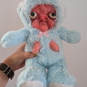 Creepy Crazed Blue Bear Sculpture: Weirdcore Nightmare Fuel Plush