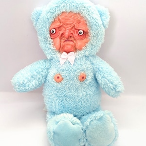 Old man bear art sculpture teddy, weird plush toy sculpture, creepy bear, weird teddy gift, weirdcore gift, nightmare fuel plush teddy Blue