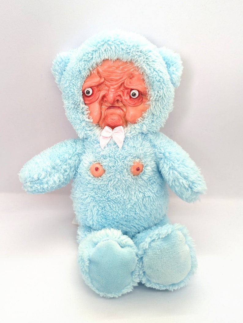 Old man bear art sculpture teddy, weird plush toy sculpture, creepy bear, weird teddy gift, weirdcore gift, nightmare fuel plush teddy Blue