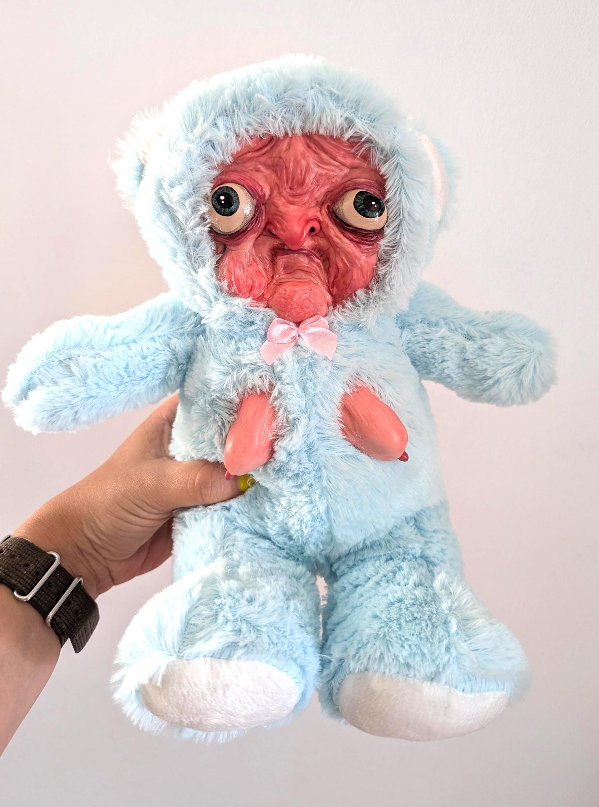 Creepy Crazed Blue Bear Sculpture: Weirdcore Nightmare Fuel Plush