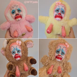 Creepy clown Man Bear Art Sculpture: Weirdcore Plush Teddy, weird gifts, clown gifts