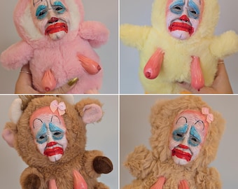 Creepy clown Man Bear Art Sculpture: Weirdcore Plush Teddy, weird gifts, clown gifts
