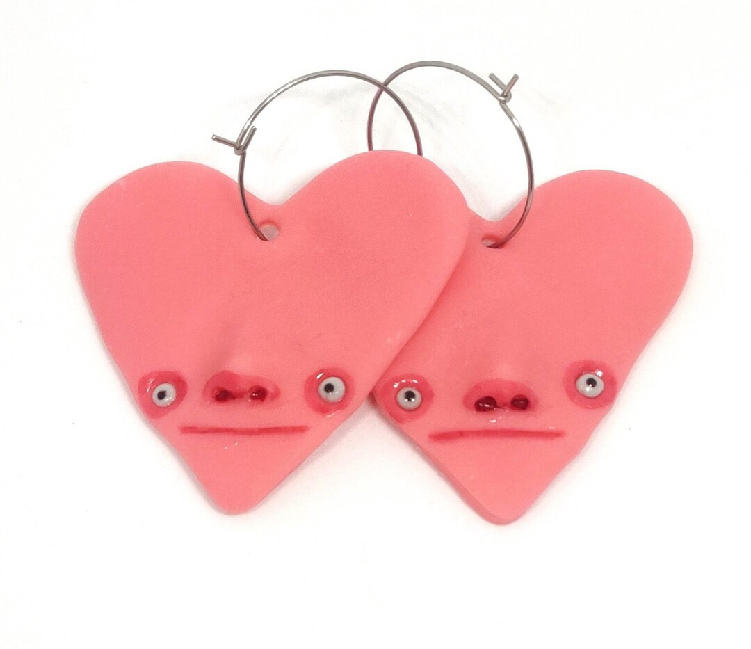 Cute Pink Heart Face Earrings Funny Earrings, Weird Gifts for Friends