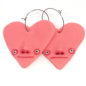 Cute pink heart face earrings -  kawaii funny earrings, weird gifts for friends, quirky drop earrings, face earrings, cute heart