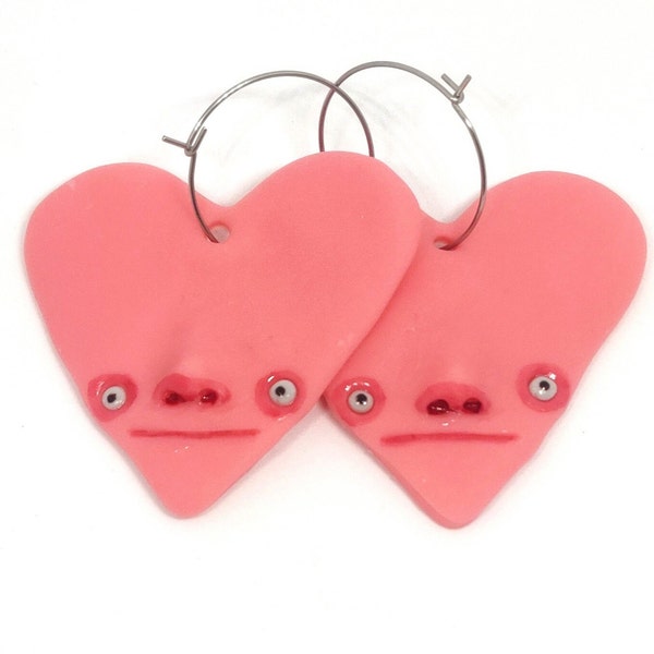 Cute pink heart face earrings -  funny earrings, weird gifts for friends, quirky drop earrings, face earrings, cute heart